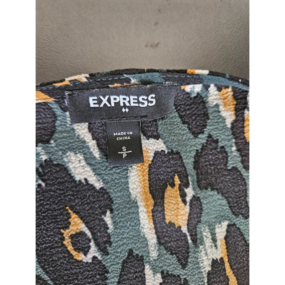 Express Leopard Dress Green Gold V Neck Belted Stretch S Feminine Workwear - Picture 3 of 6